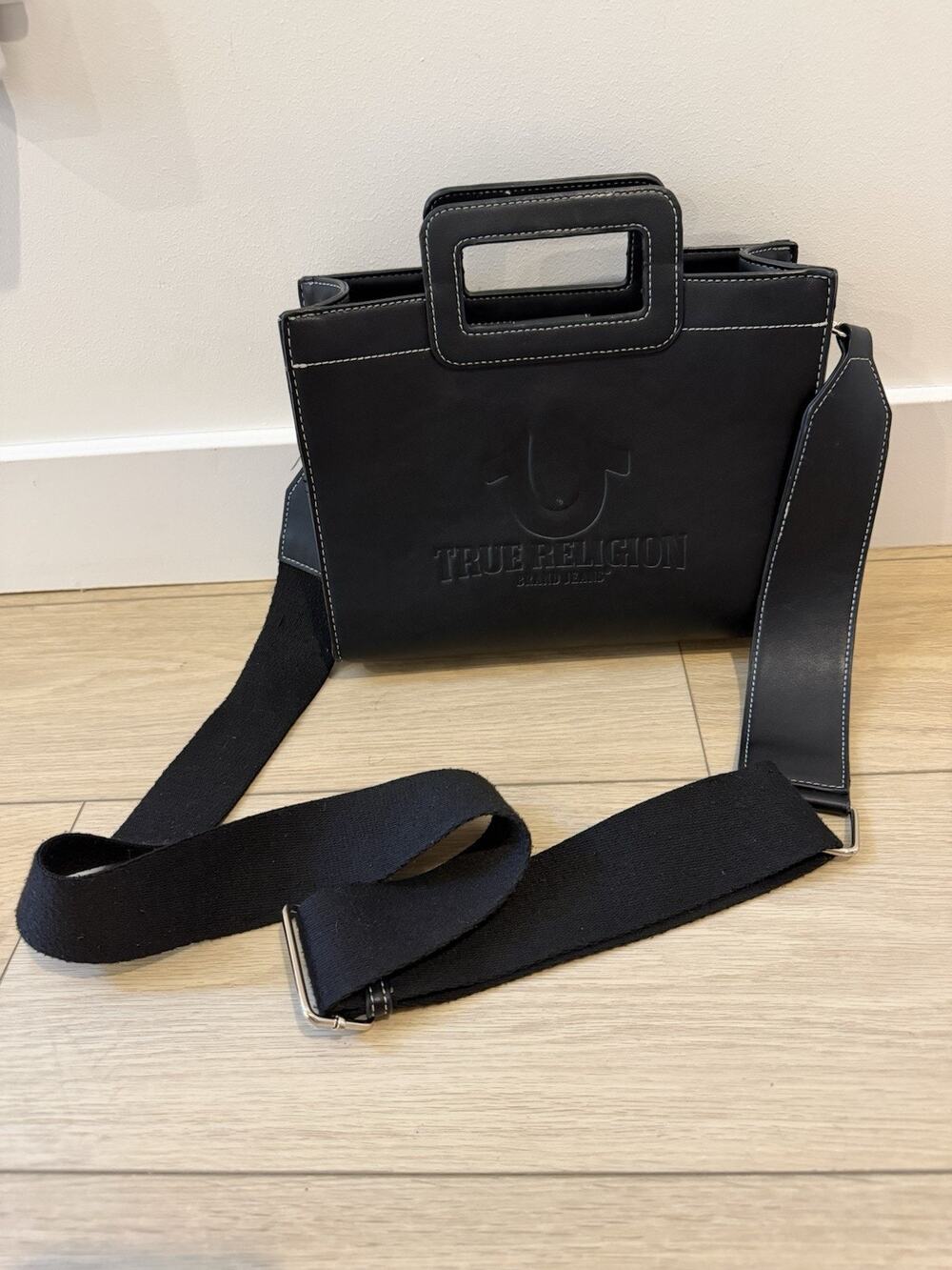 True Religion Womens Black Small Logo Pattern Faux Leather Handle Bag